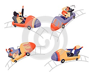 Set of people riding on roller coaster with different emotions flat style