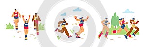 Set of people running marathon scenes flat style, vector illustration