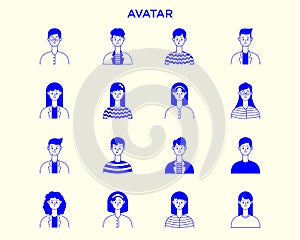 Set of people`s avatars, caucasian, young happy people in casual clothing. Vector illustration in flat style