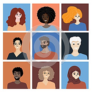 A set of people\'s faces: men, women, young and elderly of different races and nations