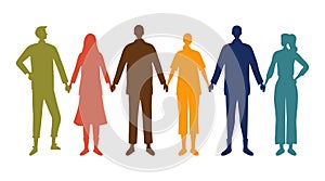 Set Of People Silhouettes Of Men And Women. Group Of Business People Standing In A Row Together. Happy Colorful