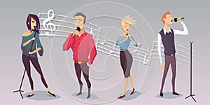 set of people singing on white background. Cartoon style