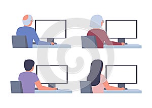 Set of people sits at table computer work back view. Elderly senior, man, woman on workplace. Vector illustration