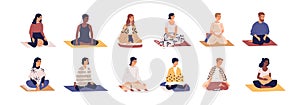 Set of people sitting cross legged in lotus pose and practicing yoga, meditation and breathing exercises. Calm and