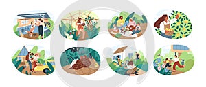 Set of people spending time at summer cottage or dacha vector flat illustration. Collection of man, woman, children and