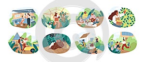 Set of people spending time at summer cottage or dacha vector flat illustration. Collection of man, woman, children and photo
