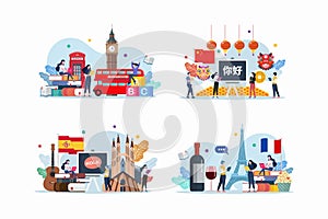 Set of people study studying foreign language