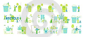Set of People Throw Garbage to Recycle Litter Bins, Batteries E-Waste. Environmental Protection, Sort or Recycle Rubbish