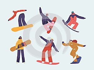 Set of People Training on Ski Resort. Wintertime Activity and Extreme Outdoors Snowboarding Sport, Vector Illustration