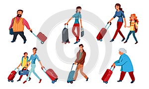 Set of people travelling with backpacks and suitcases vector illustration