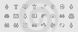 Set of people vector line icons. It contains the symbols of a man, a woman, a family, a toilet, a businessman, a teacher