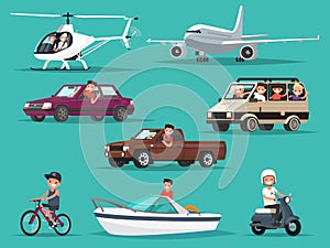 Set of people and vehicles. Aircraft, helicopters, cars, moped,