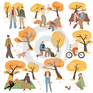 Set of people walking, meeting, having picnics in autumn park