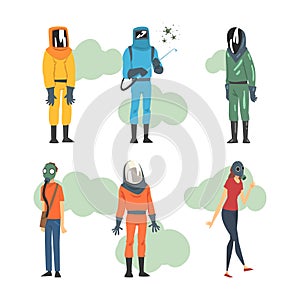 Set of people wearing hazmat protective clothing and gas masks cartoon vector illustration