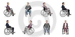 Set of people in wheelchairs on white