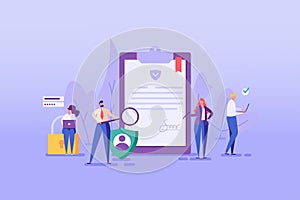 Set with people who signing document, protecting personal date, remitting transaction, checking documents. Concept of account photo