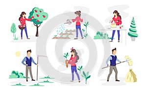 Set of people working in the garden. Mental health. Daily activity or hobbie. Flat style vector illustration