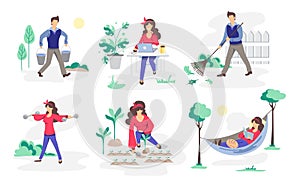 Set of people working in the garden. Mental health. Daily activity or hobbie. Flat style vector illustration