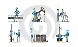 Set of People Working in Oil Industry, Oilmen Working at Pipeline, Oil and Gas Production Cartoon Vector Illustration