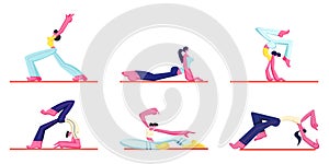 Set of People Workout. Young Athletic Man and Women Wearing Sports Clothing Doing Gymnastic, Fitness and Yoga