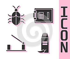 Set Pepper spray, System bug concept, Parking car barrier and Safe icon. Vector.