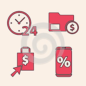 Set Percent discount and mobile, Clock 24 hours, Envelope with coin dollar and Shoping bag and dollar icon. Vector