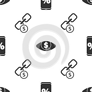 Set Percent discount and mobile, Eye with dollar and Chain link and coin on seamless pattern. Vector