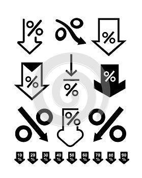 Set of Percent down line icon. Banking concept. Percentage, arrow, reduction. Can be used for topics like investment, finance, int