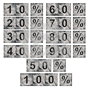 Set of percentage discounts. Words on stone blocks. Isolated on white background. Design element.Trade. Business.