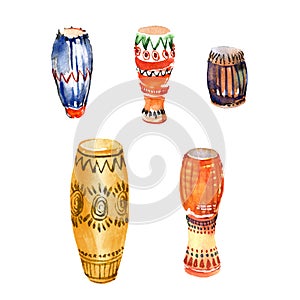 Set of percussion music instruments, african drums, djembe, conga, with traditional ornaments