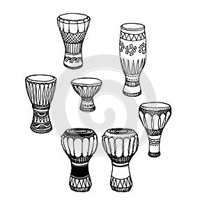 A set of percussion musical instruments, African drums, djembe, conga, darbuka