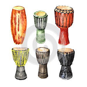 A set of percussion musical instruments, African drums, djembe, conga, with traditional ornaments