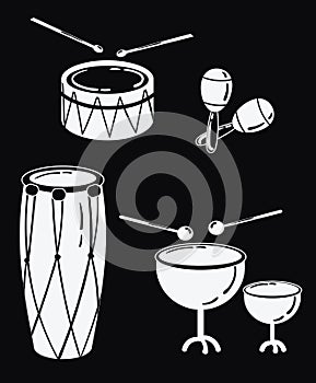 A set of percussion musical instruments. Collection of musical drums. Stylized musical instruments. Black and white