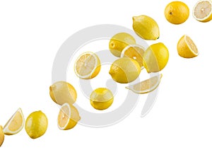 Set of perfectly retouched lemons, whole and halves isolated on white background. Lemons fly through space. Excellent retouching