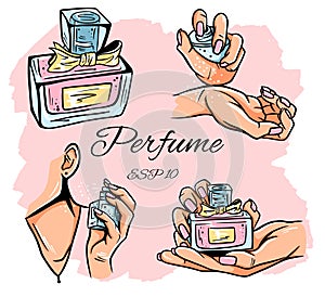 Set of perfume bottles vector illustration. Eau de parfum. Eau de Toilette. Perfume bottle in hand. Isolated objects.