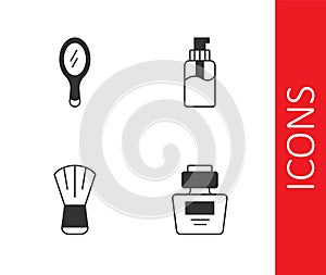 Set Perfume, Hand mirror, Makeup brush and Bottle of liquid soap icon. Vector