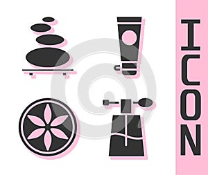 Set Perfume, Stack hot stones, Leaf plant nature and Cream or lotion cosmetic tube icon. Vector