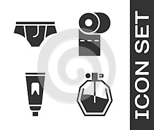 Set Perfume, Underwear, Tube of toothpaste and Toilet paper roll icon. Vector