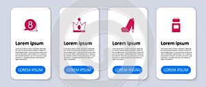 Set Perfume, Woman shoe, King crown and 8 March speech bubble. Business infographic template. Vector