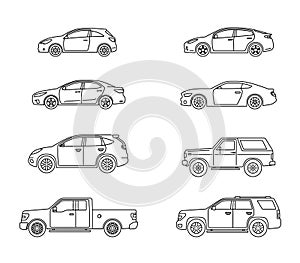 Set of personal cars. Set of automobiles in flat style. Sedan, sport coupe car, hatchback, offroad suv, pickup. Side view.
