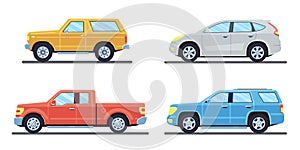 Set of personal cars. Set of automobiles in flat style. Offroad suv, pickup. Side view.