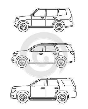 Set of personal cars. Set of automobiles in flat style. Offroad suv. Side view.
