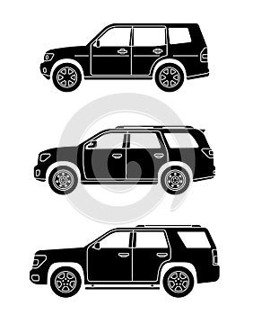 Set of personal cars. Set of automobiles in flat style. Offroad suv. Side view.