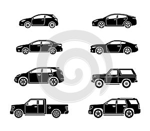 Set of personal cars. Set of automobiles in flat style. Sedan, sport coupe car, hatchback, offroad suv, pickup. Side view.