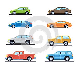 Set of personal cars. Set of automobiles in flat style. Sedan, sport coupe car, hatchback, offroad suv, pickup. Side view.