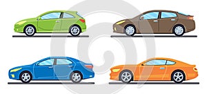 Set of personal cars. Set of automobiles in flat style. Sedan, sport coupe car, hatchback. Side view.