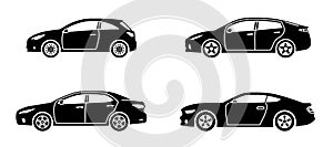 Set of personal cars. Set of automobiles in flat style. Sedan, sport coupe car, hatchback. Side view.