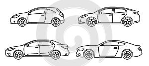 Set of personal cars. Set of automobiles in flat style. Sedan, sport coupe car, hatchback. Side view.