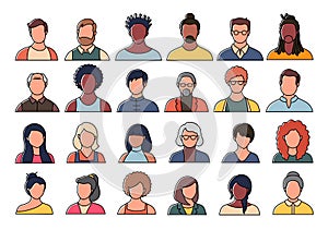 Set of persons, avatars, people heads of different ethnicity and age in flat style. Multi nationality social networks