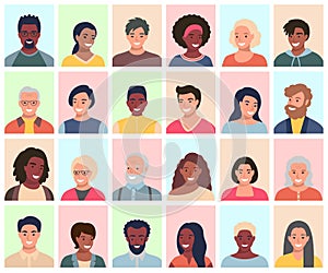 Set of persons, avatars, people heads of different ethnicity and age in flat style. Multi nationality social networks